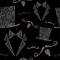 Mustache, hat, bow tie and tuxedo on a black background, pattern